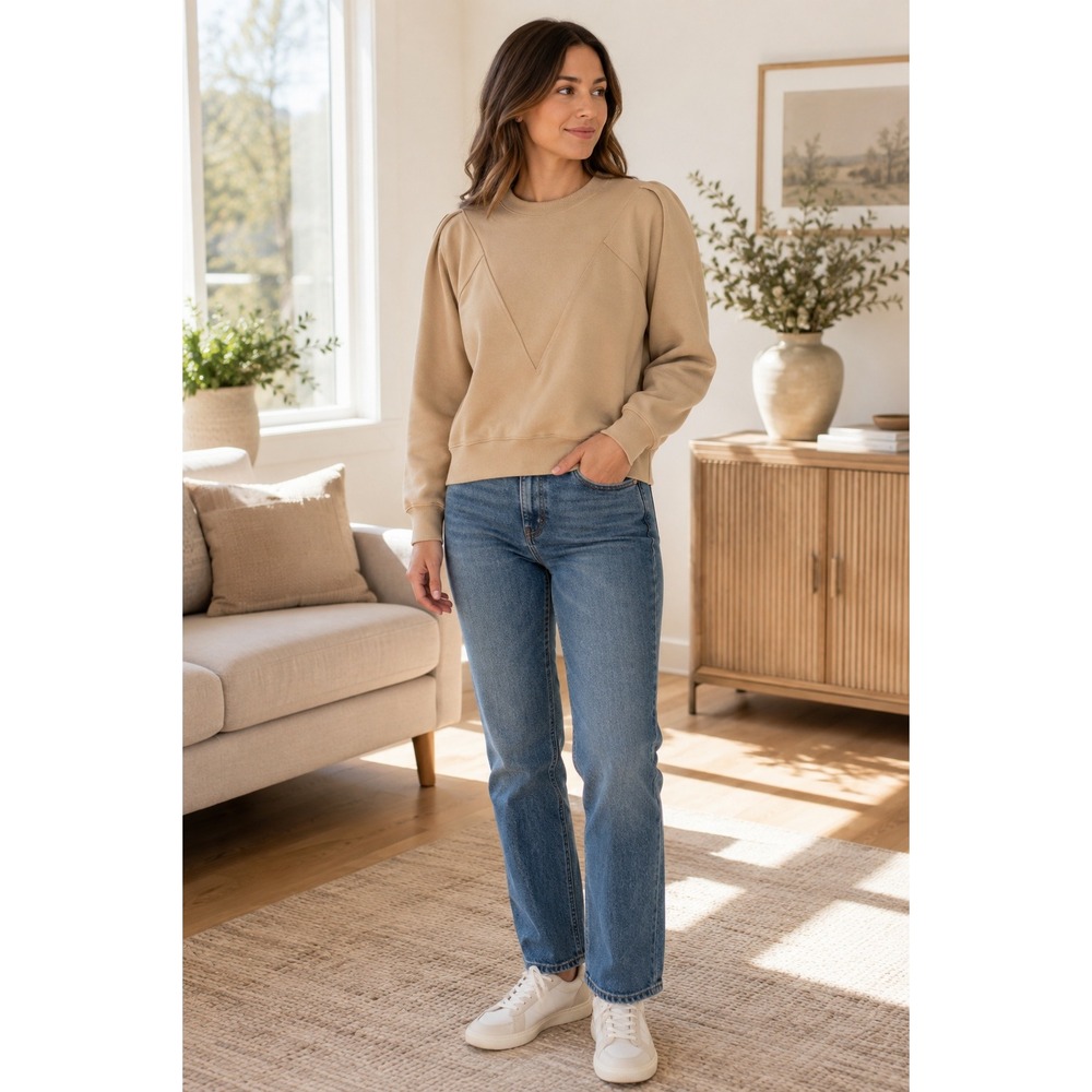 all:row Women Tan Cotton Puff Sleeve Sweatshirt Crew Neck Beige Large TM1510-M